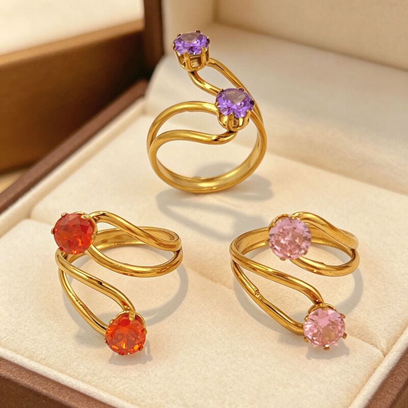 Simple Irregular Shape Stainless Steel Waterproof Gold Color Zircon Women's Gemstone Rings