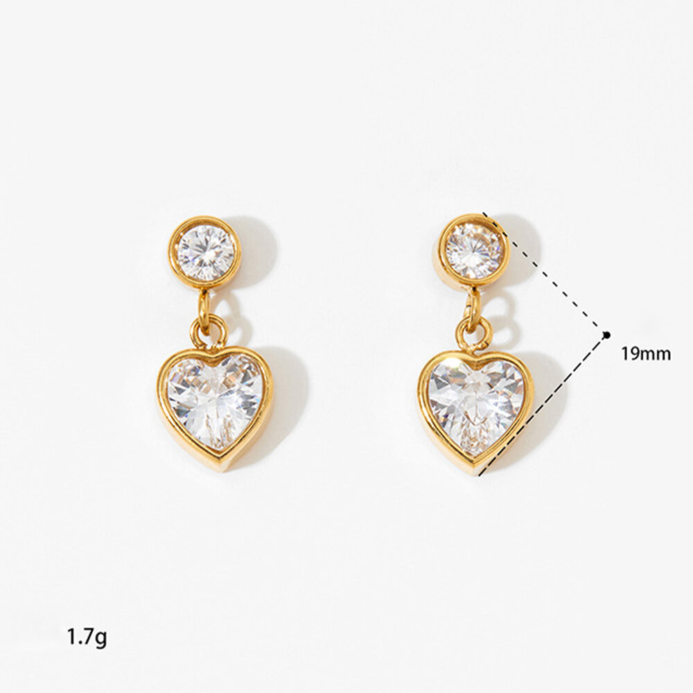 Simple Heart Stainless Steel Waterproof Gold Color Zircon Women's Drop Earrings Picture4