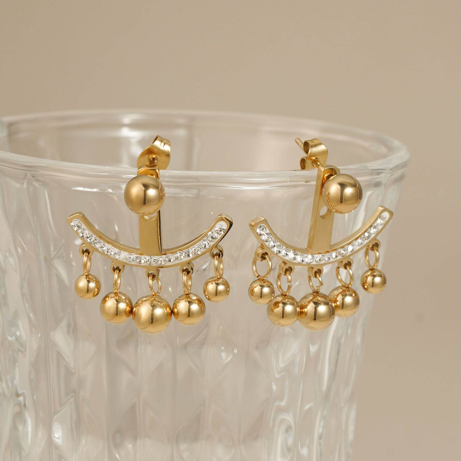 Luxurious Series Tassel Stainless Steel Waterproof Gold Color Rhinestone Women's Stud Earrings