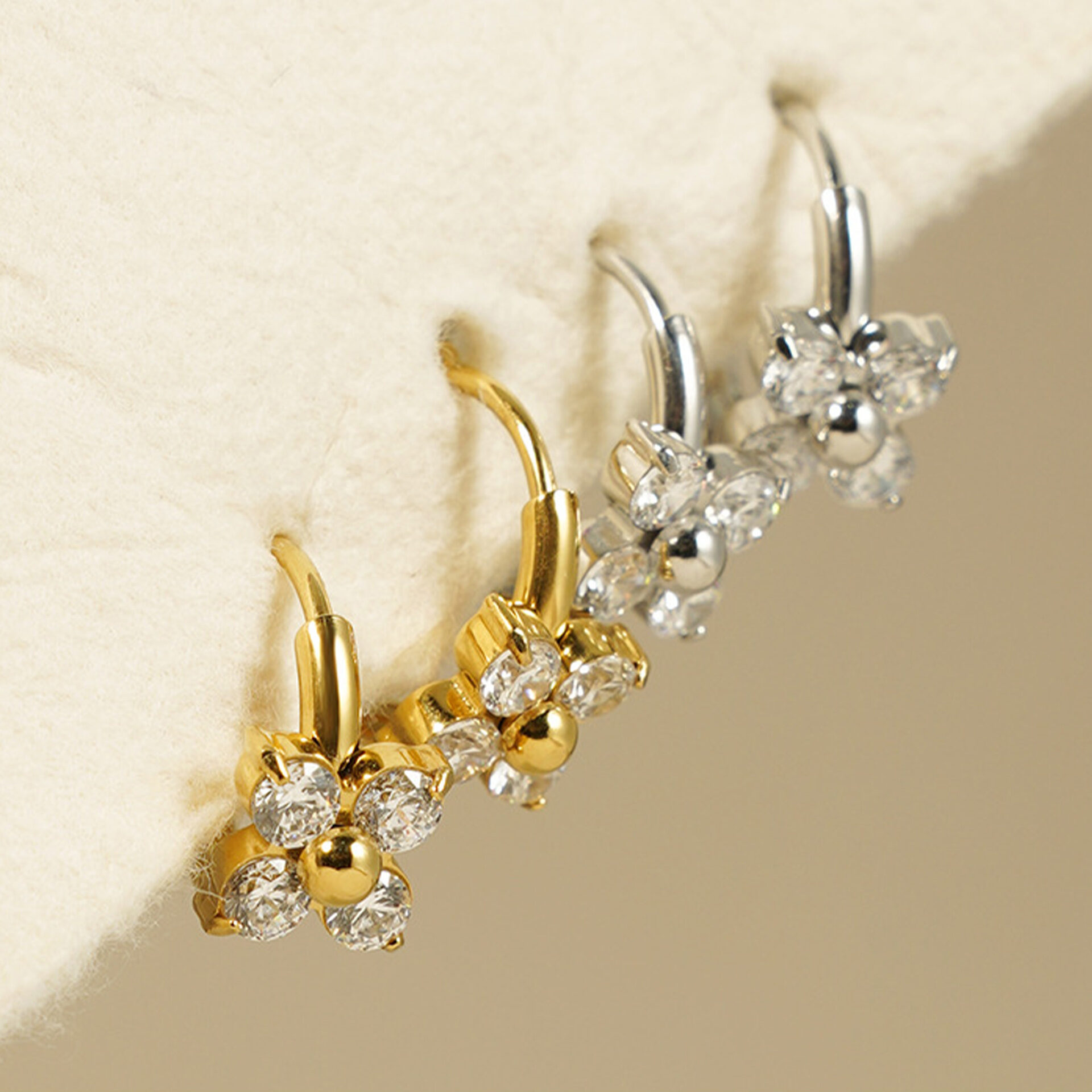 Simple Flower Stainless Steel Waterproof Gold Color Zircon Women's Hoop Earrings h5 Picture4