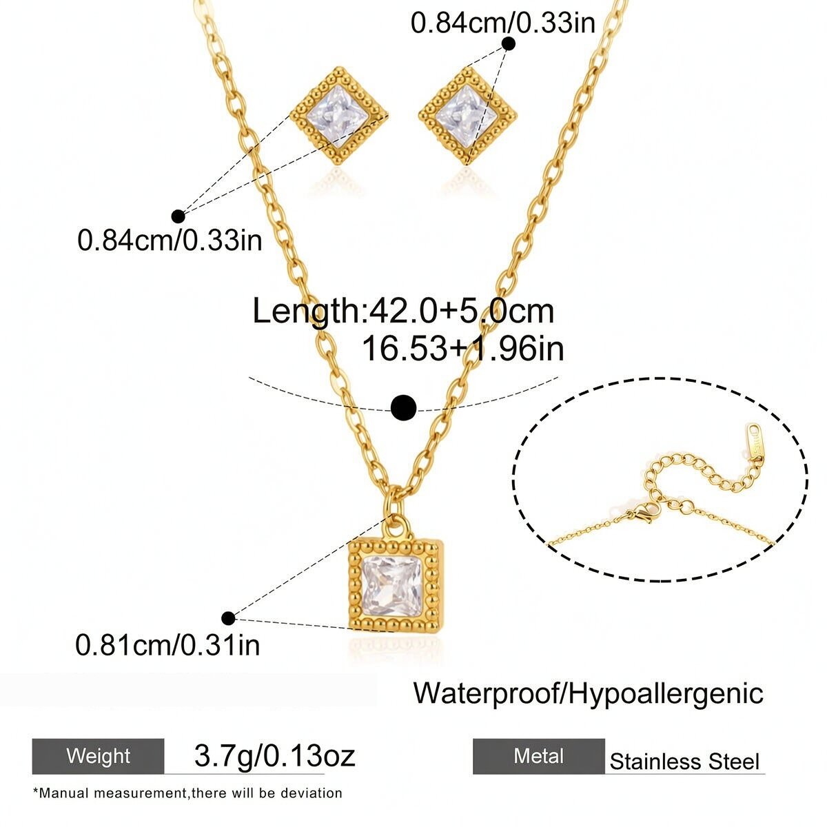 Rectangle Stainless Steel Waterproof Gold Color Zircon Women's Necklaces Sets 