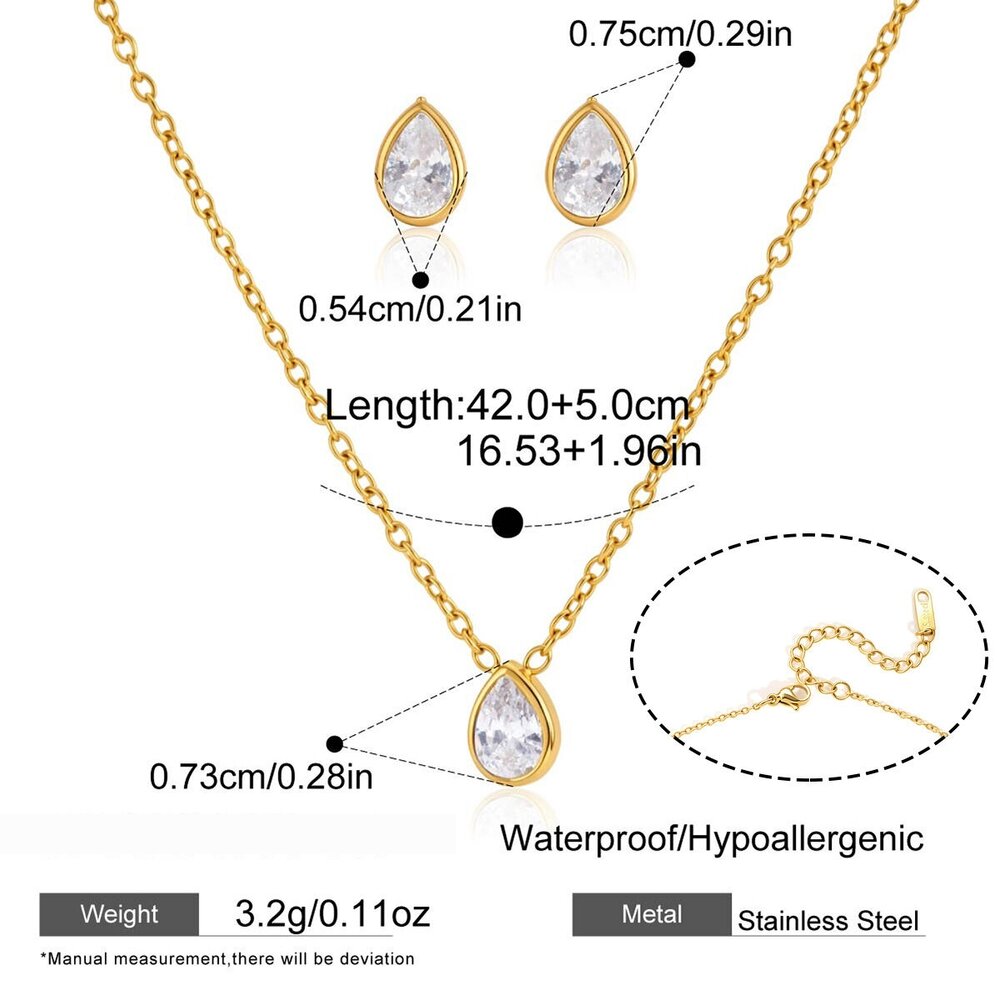 Simple Droplet Stainless Steel Waterproof Gold Color Zircon Women's Necklaces Sets