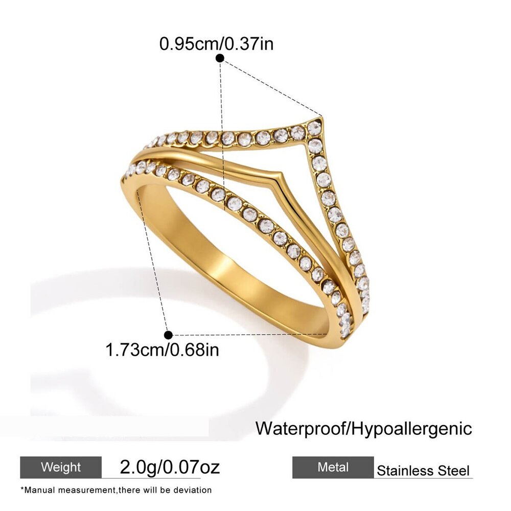 Simple Hollowed-Out Stainless Steel Waterproof Gold Color Rhinestone Women's Gemstone Rings