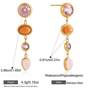 Retro Tassel Stainless Steel Waterproof Gold Color Natural Stone Zircon Women's Dangle Earrings h5