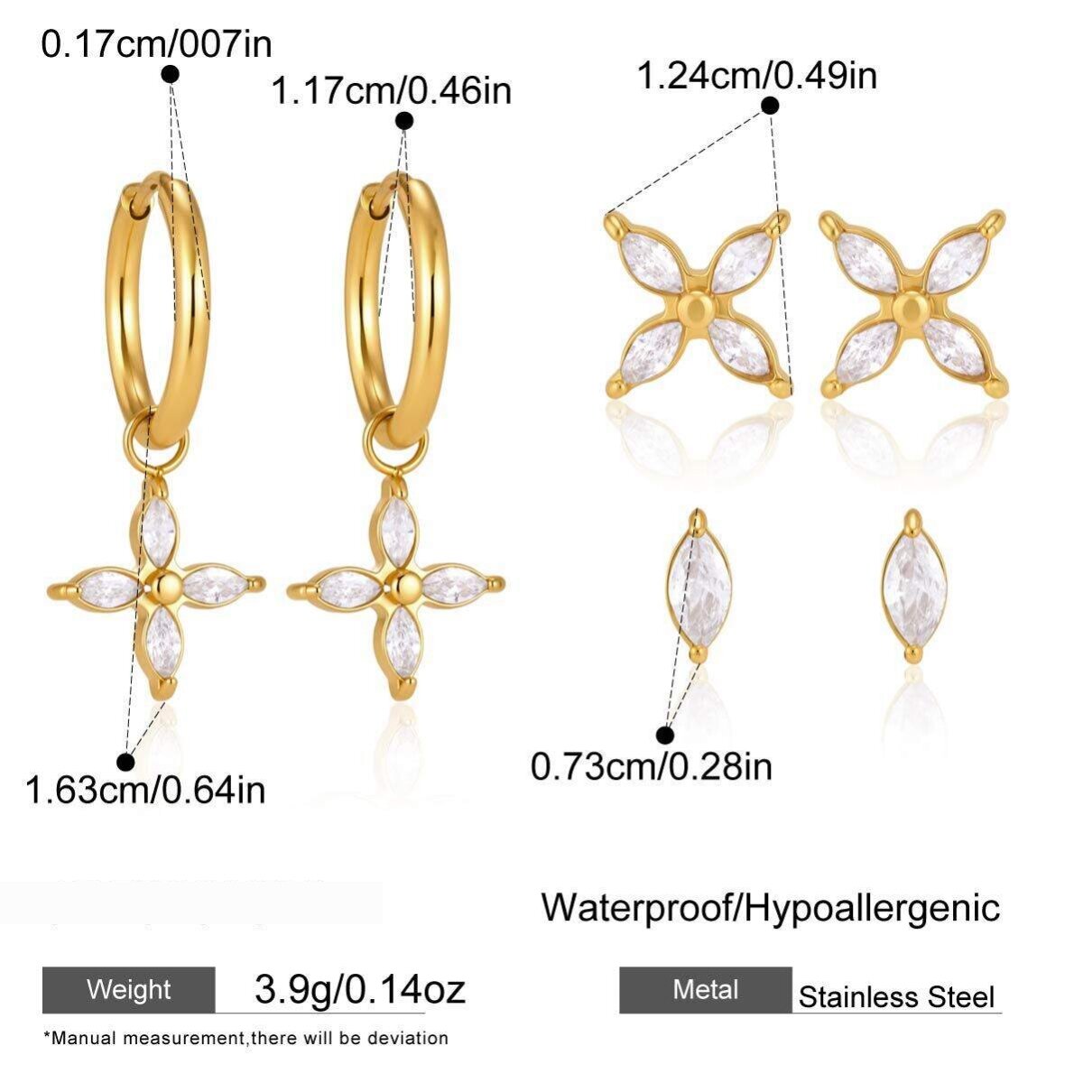 Elegante Clover Ohrring-Sets Aus Wasserdichtem Edelstahl In Goldfarbe Mit Zirkonia Für Damen 