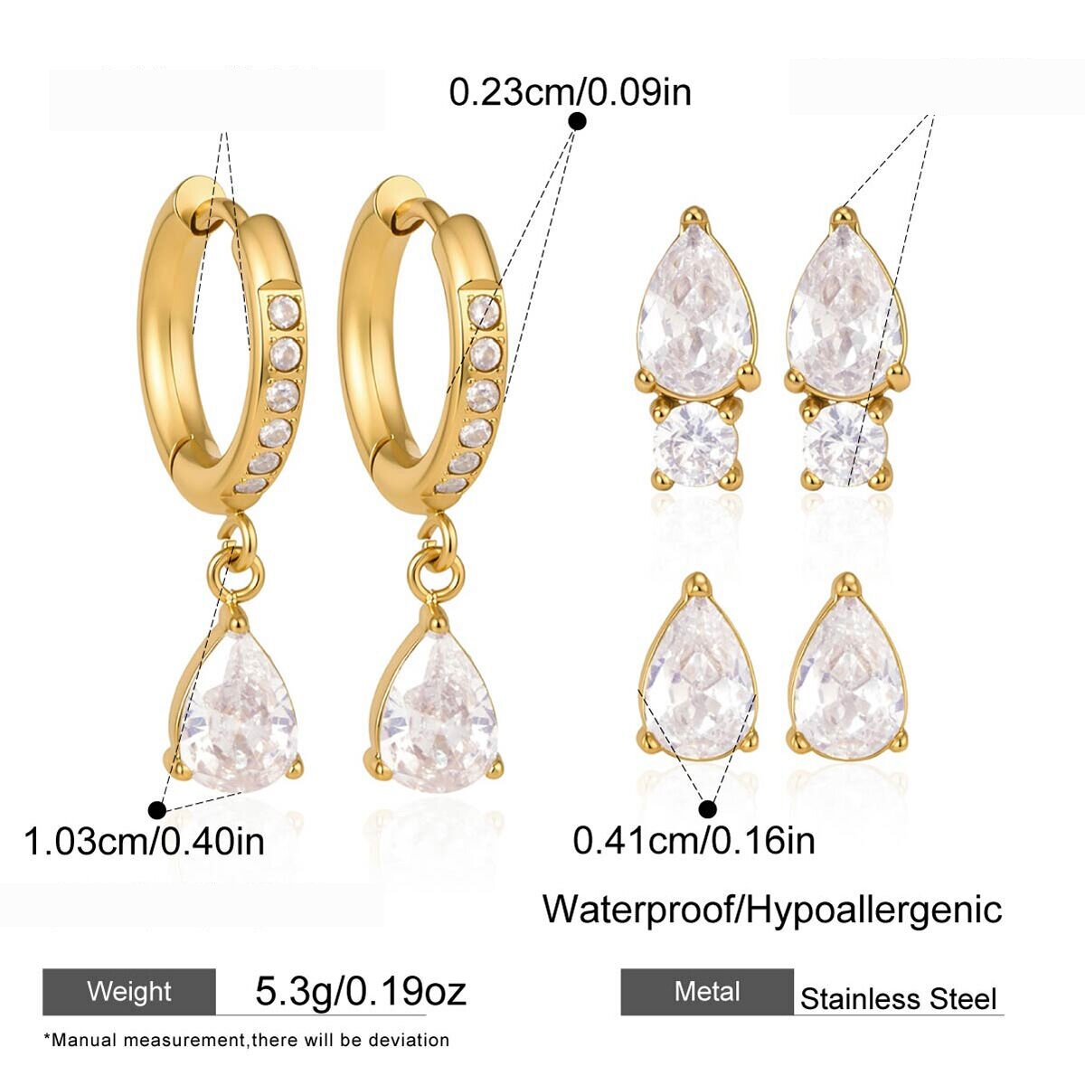 Einfache, Tropfenförmige Ohrring-Sets Aus Edelstahl, Wasserdicht, Goldfarben, Mit Zirkonia-Steinen 