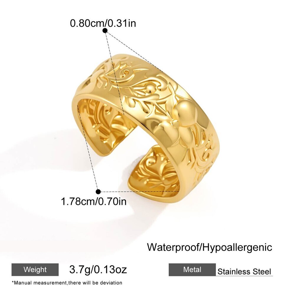 Classic Series Retro Flower Stainless Steel Waterproof Gold Color Rhinestone Statement Rings