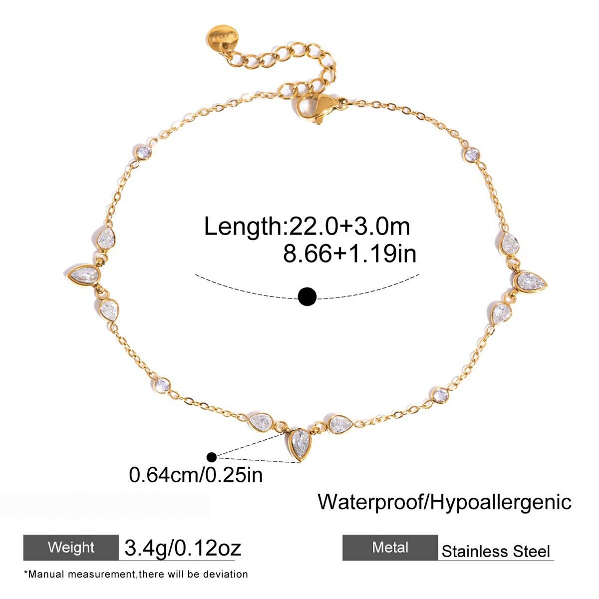 Stainless Steel Waterproof Gold Color Zircon Anklets 