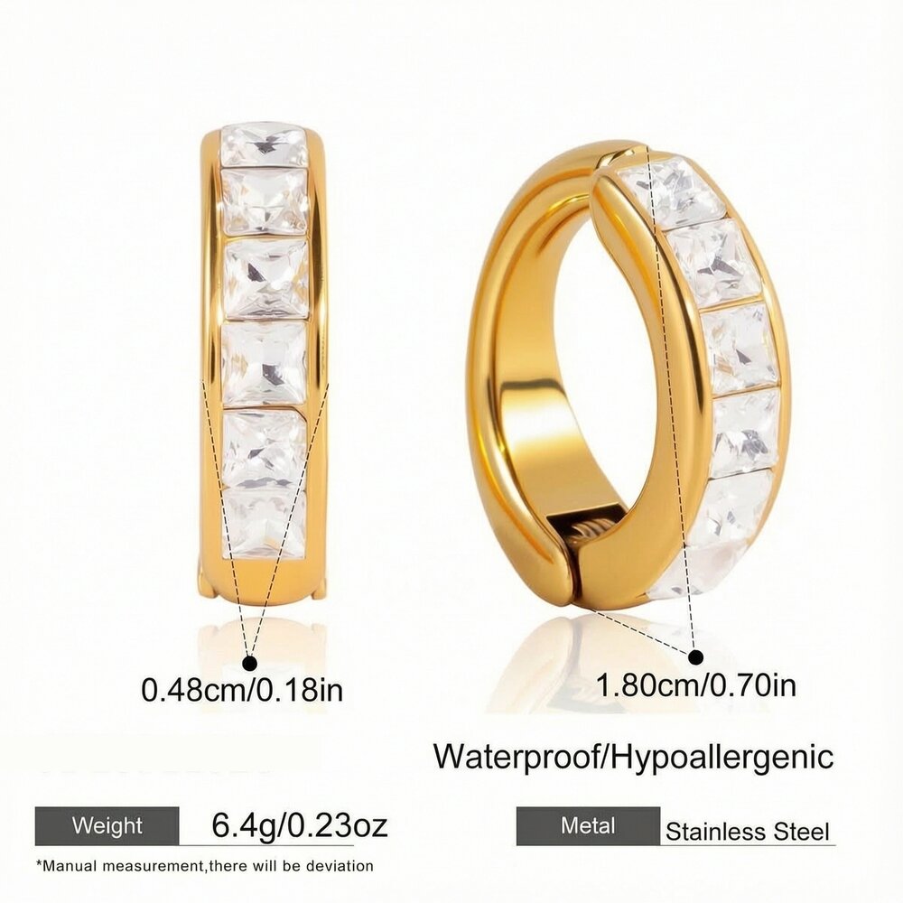 Elegant Rectangle Stainless Steel Waterproof Gold Color Zircon Women's Ear Cuffs