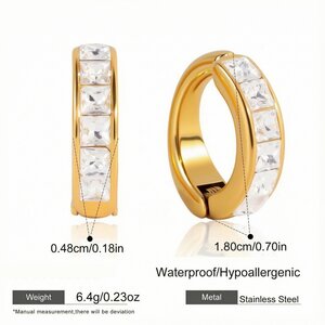 Elegant Rectangle Stainless Steel Waterproof Gold Color Zircon Women's Ear Cuffs h5