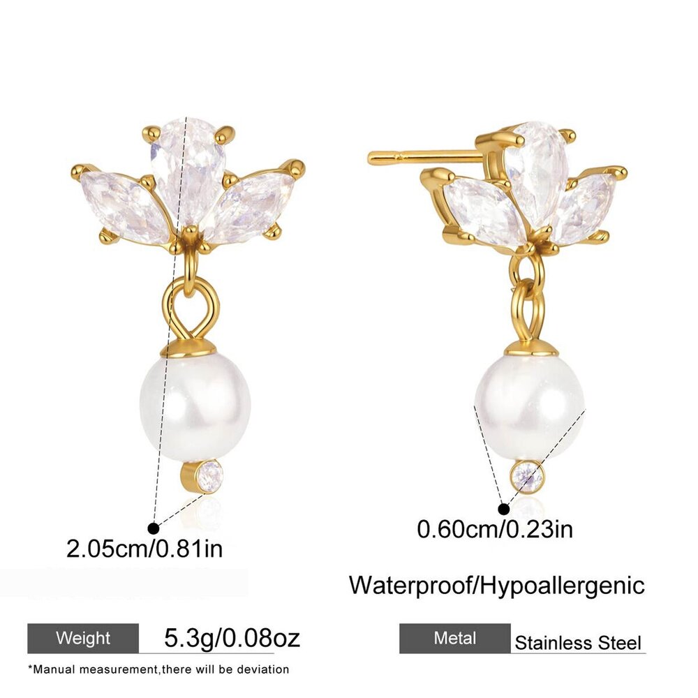 Elegante, Waterdichte Dameskettingenset Van Roestvrij Staal Met Bloemmotief, Goudkleurige Zirkonia En Parels.
