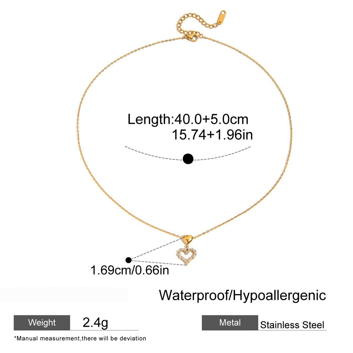 Simple Heart Stainless Steel Waterproof Gold Color Zircon Women's Pendant Necklaces 