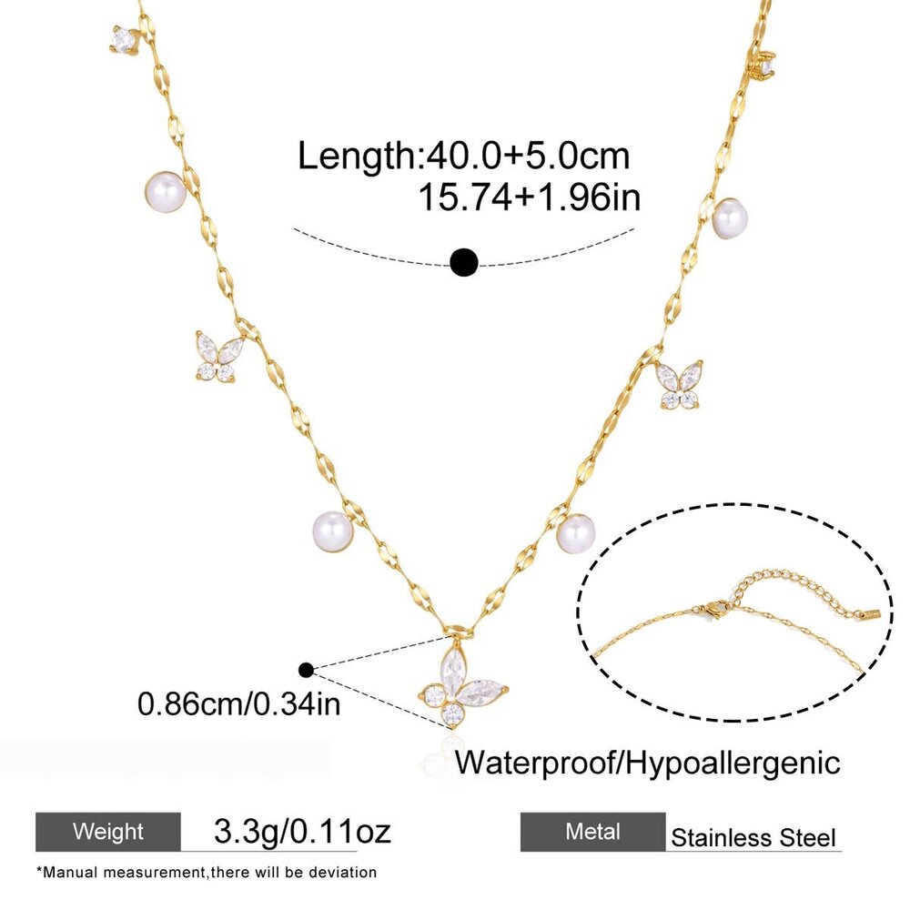 Romantic Series Sweet Butterfly Stainless Steel Waterproof Gold Color Zircon Women's Pendant Necklaces