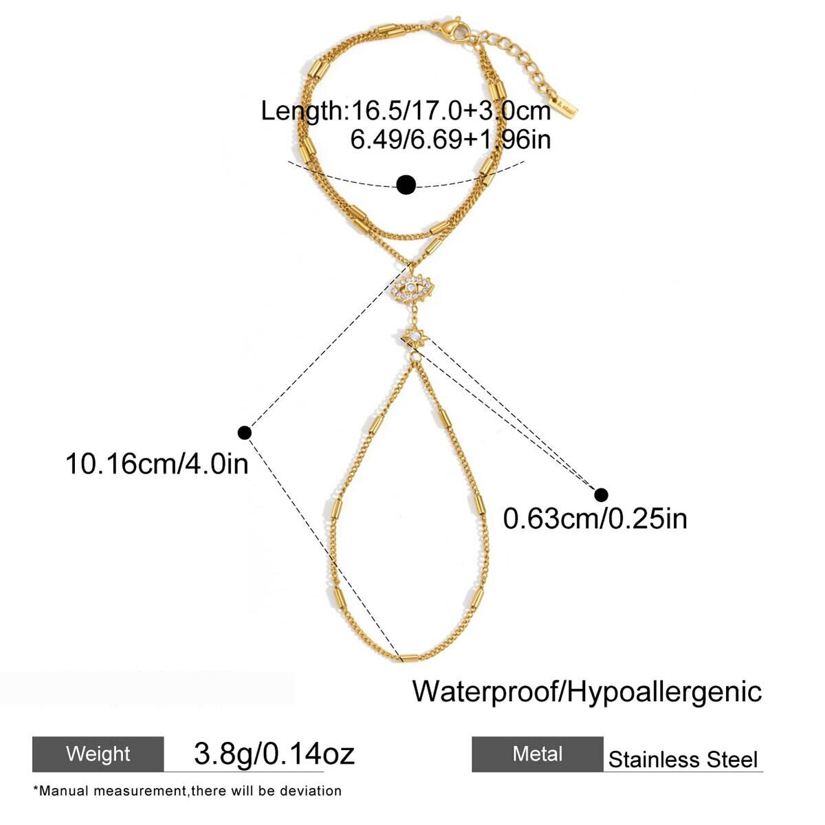 Teufelsauge Edelstahl Wasserdicht Goldfarbene Damenhandkette Mit Strasssteinen Und Zirkonia 