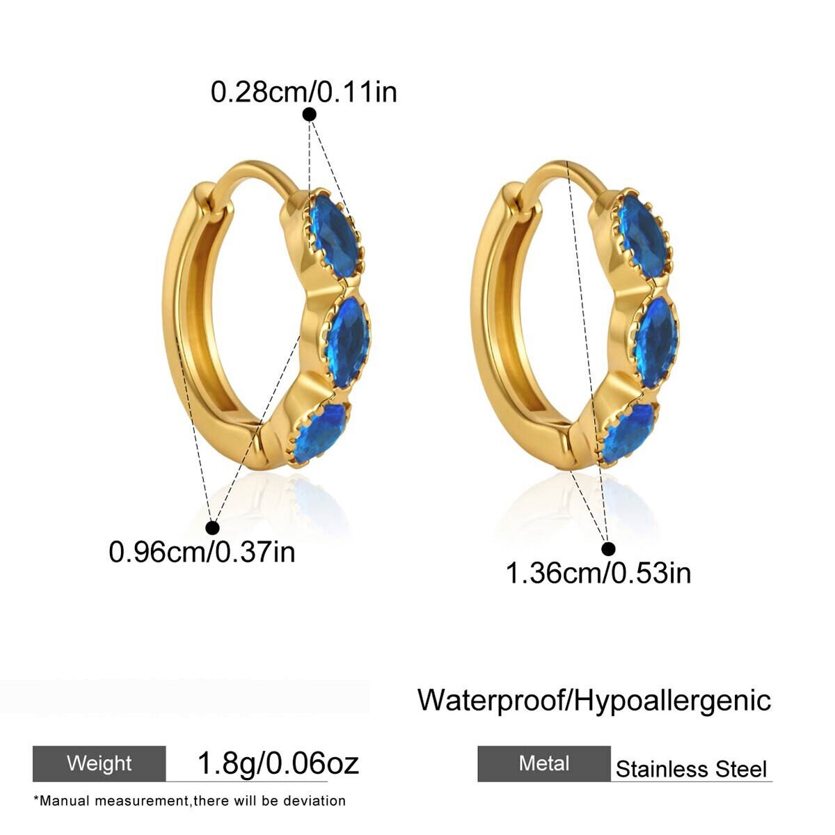 Classic Stainless Steel Waterproof Gold Color Zircon Women's Hoop Earrings 