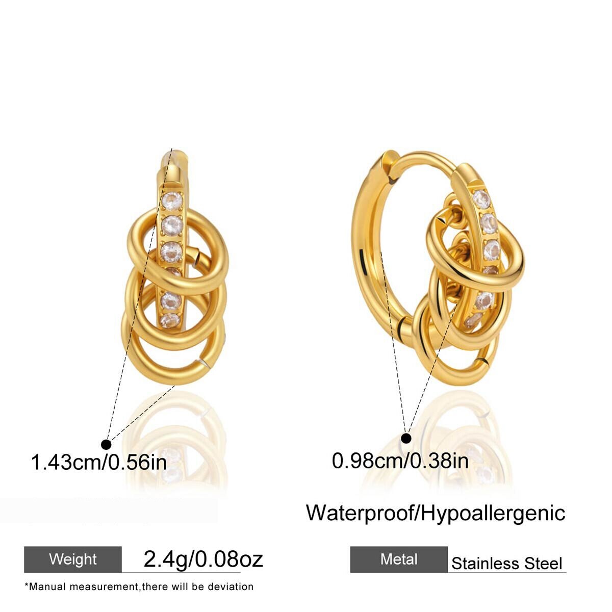 Stainless Steel Waterproof Gold Color Zircon Women's Hoop Earrings 