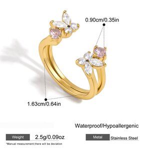 Romantic Series Sweet Butterfly Stainless Steel Waterproof Gold Color Zircon Women's Gemstone Rings h5