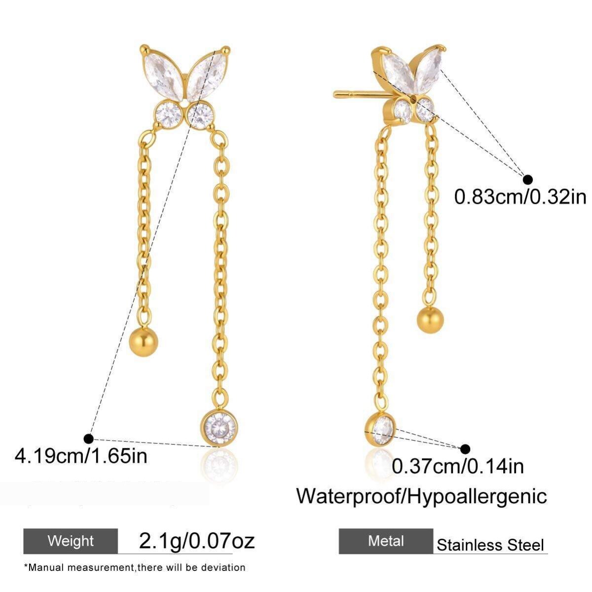 Romantic Series Sweet Tassel Butterfly Stainless Steel Waterproof Gold Color Zircon Women's Dangle Earrings h5 