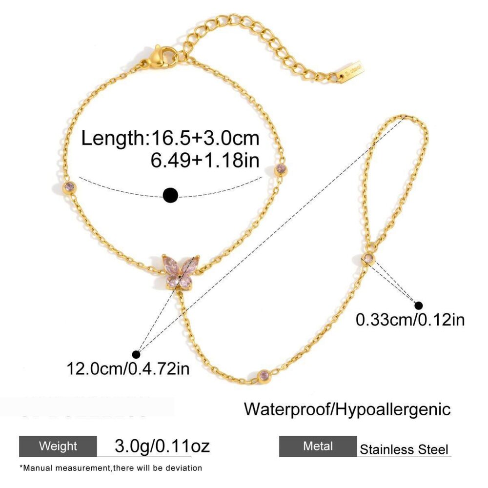 Sweet Butterfly Stainless Steel Waterproof Gold Color Zircon Women's Hand Chain