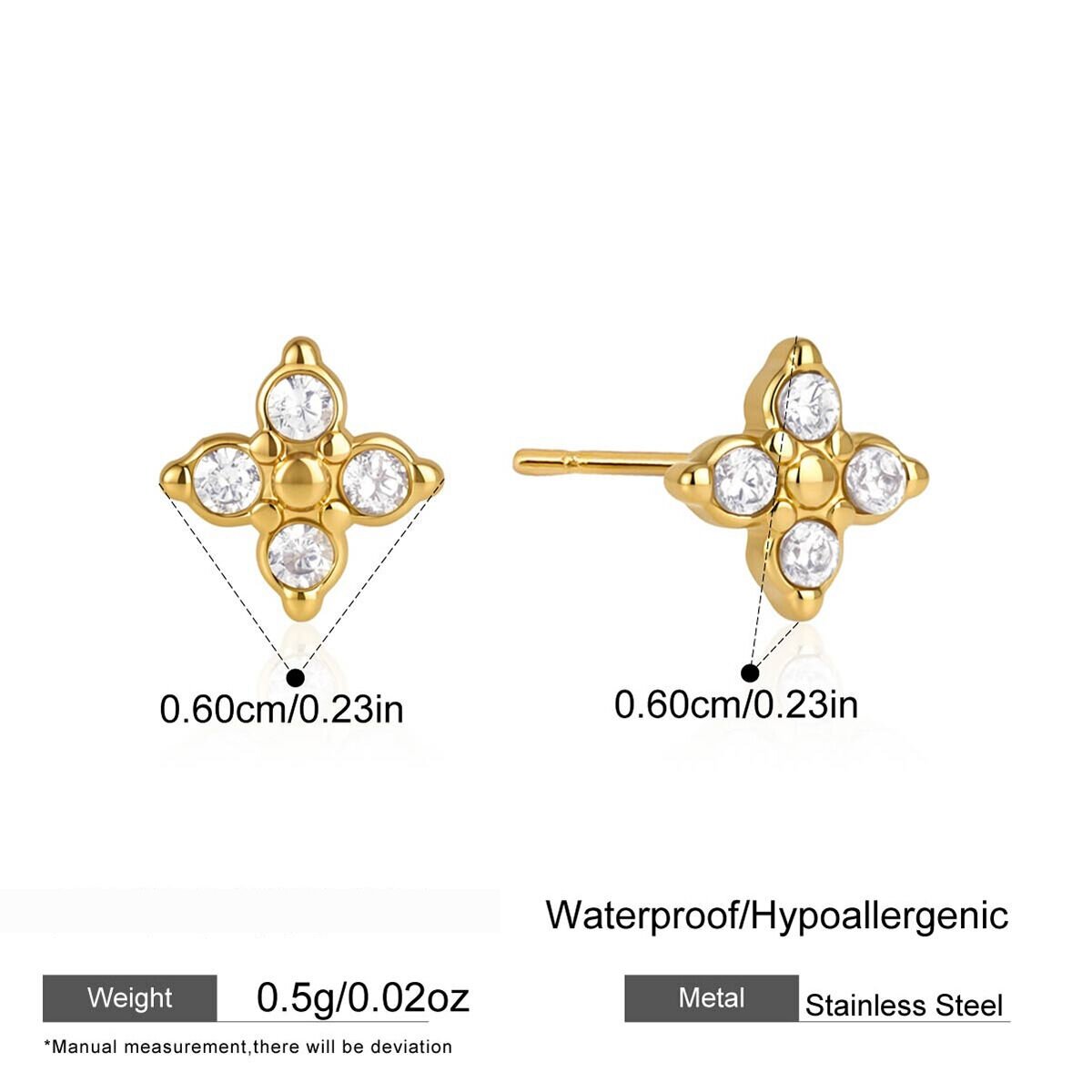 Simple Clover Stainless Steel Waterproof Gold Color Zircon Women's Stud Earrings 