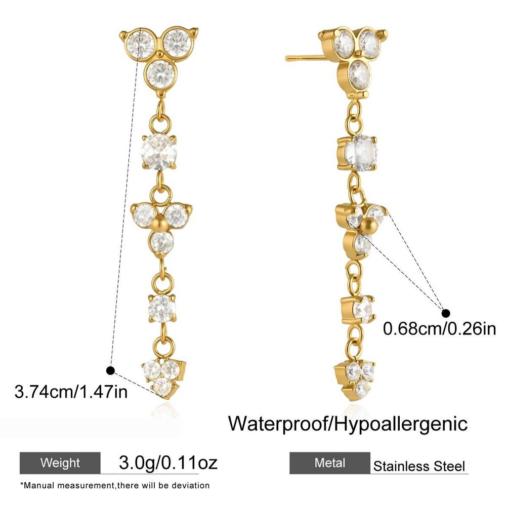 Romantic Series Elegant Flower Tassel Stainless Steel Waterproof Gold Color Zircon Women's Dangle Earrings