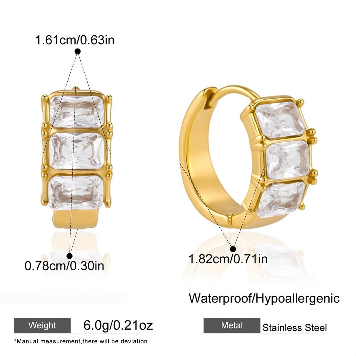 Luxurious Simple Rectangle Stainless Steel Waterproof Gold Color Zircon Women's Hoop Earrings 