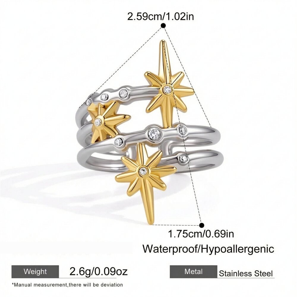 Star Mixed Colors Stainless Steel Waterproof Zircon Statement Rings