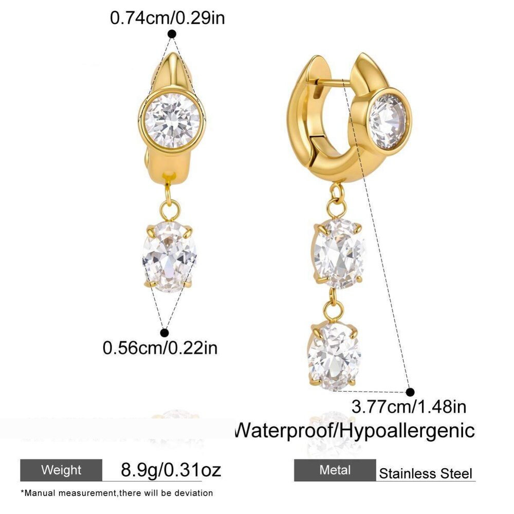 Simple Ellipse Shape Stainless Steel Waterproof Gold Color Zircon Women's Drop Earrings