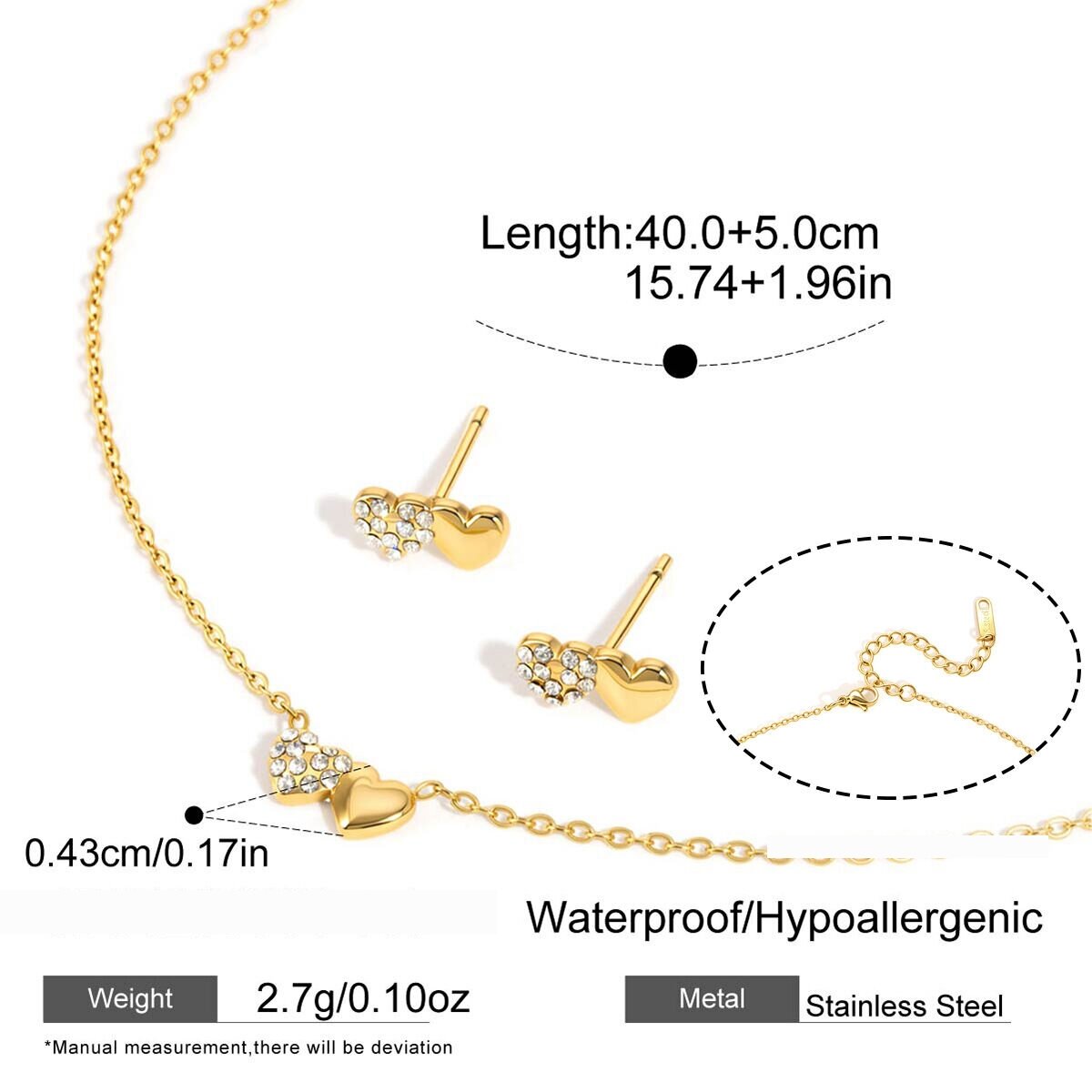 Simple Heart Stainless Steel Waterproof Gold Color Rhinestone Women's Necklaces Sets h5 