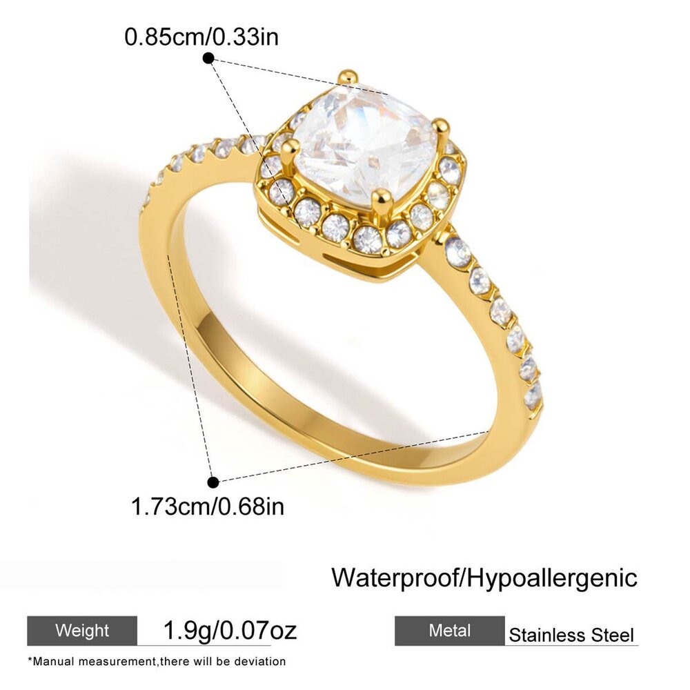 Lussuosi Ed Eleganti Anelli Da Donna Rettangolari In Acciaio Inossidabile Color Oro Impermeabile Con Zirconi.