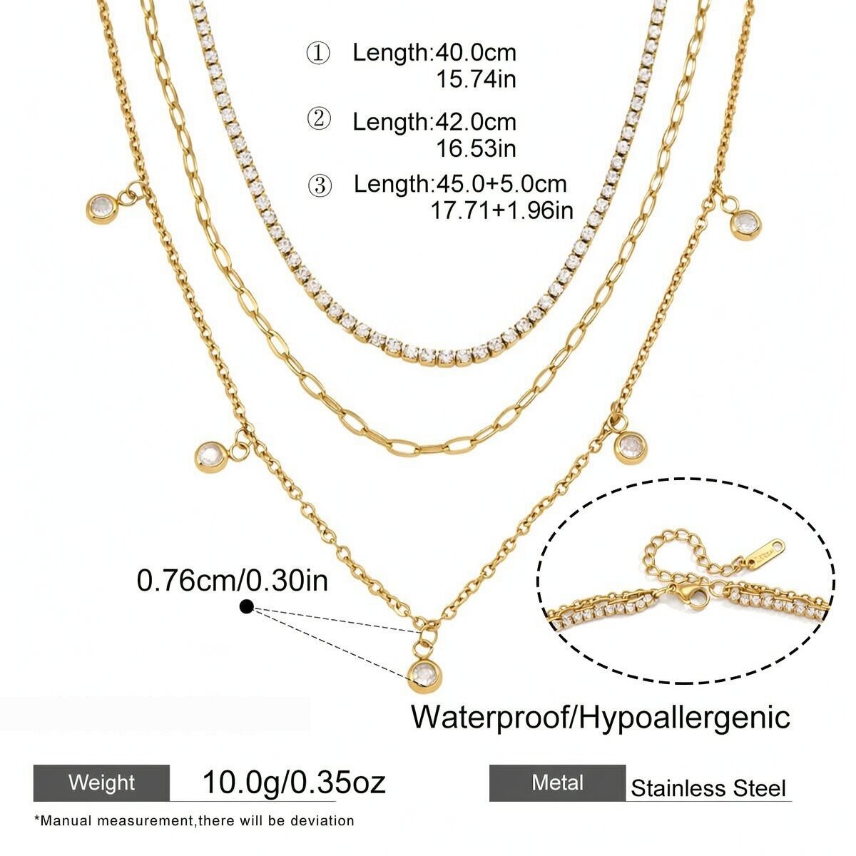Simple Series Daily Chain Circle Stainless Steel Waterproof   Gold Color  Zircon Women's Layered Necklaces 