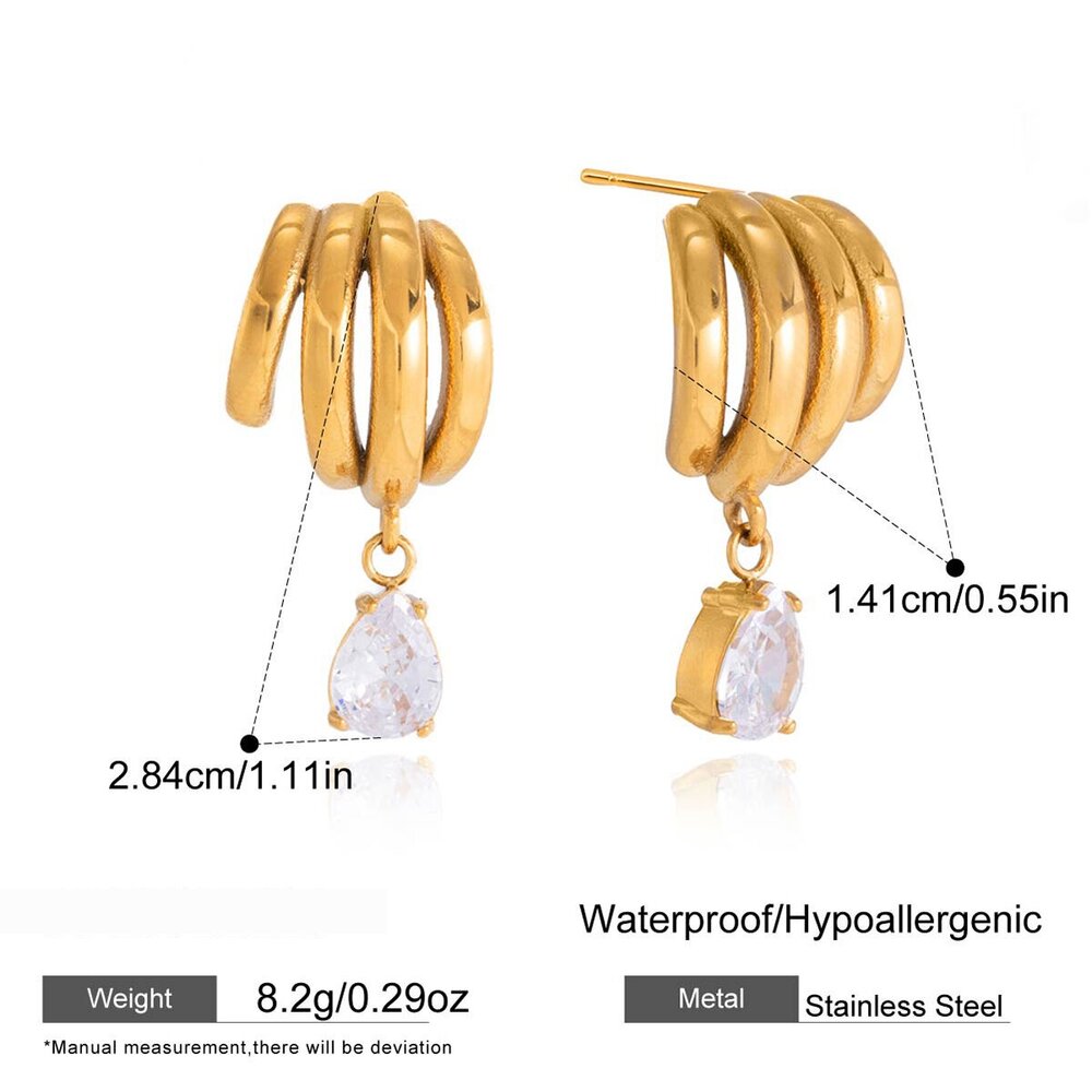Daily Droplet Irregular Shape Lines Stainless Steel Waterproof Gold Color Zircon Women's Drop Earrings