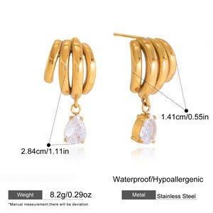 Daily Droplet Irregular Shape Lines Stainless Steel Waterproof Gold Color Zircon Women's Drop Earrings h5