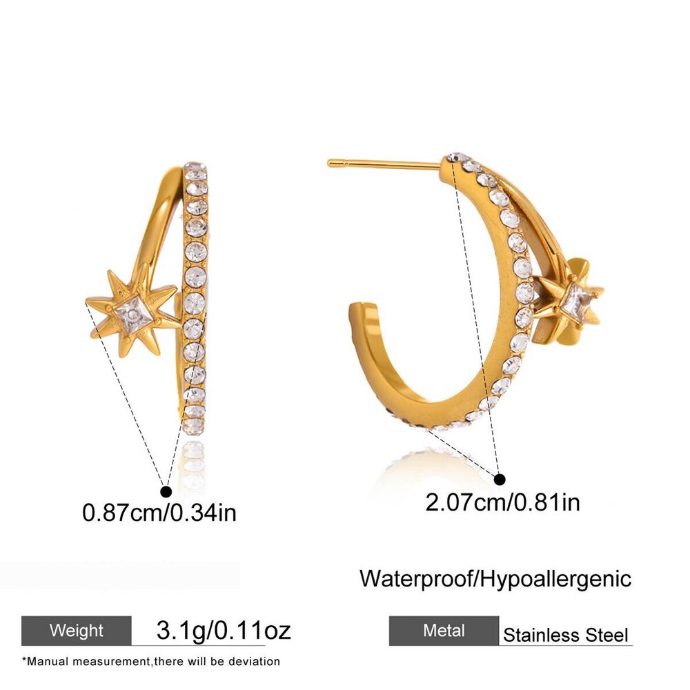Simple Series Sweet Star Circle Stainless Steel Waterproof Gold Color Zircon Women's Stud Earrings