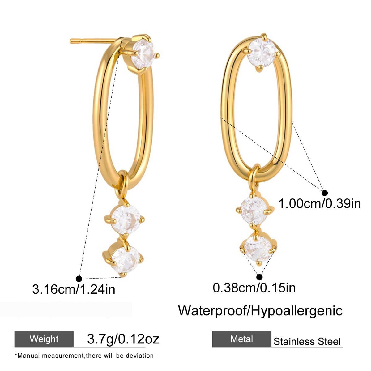 Simple Series Casual Droplet Rectangle Stainless Steel Waterproof   Gold Color  Zircon Women's Drop Earrings 