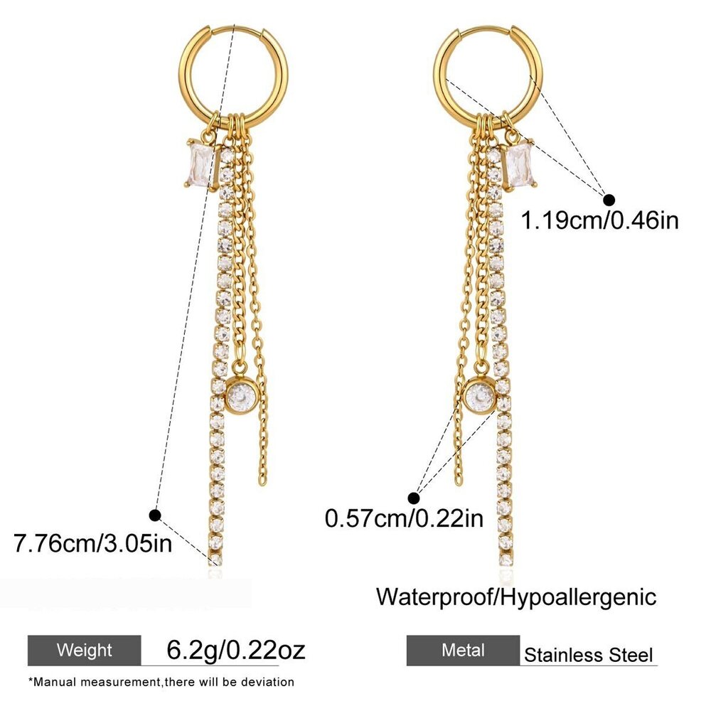 Simple Elegant Tassel Stainless Steel Waterproof Gold Color Zircon Women's Dangle Earrings