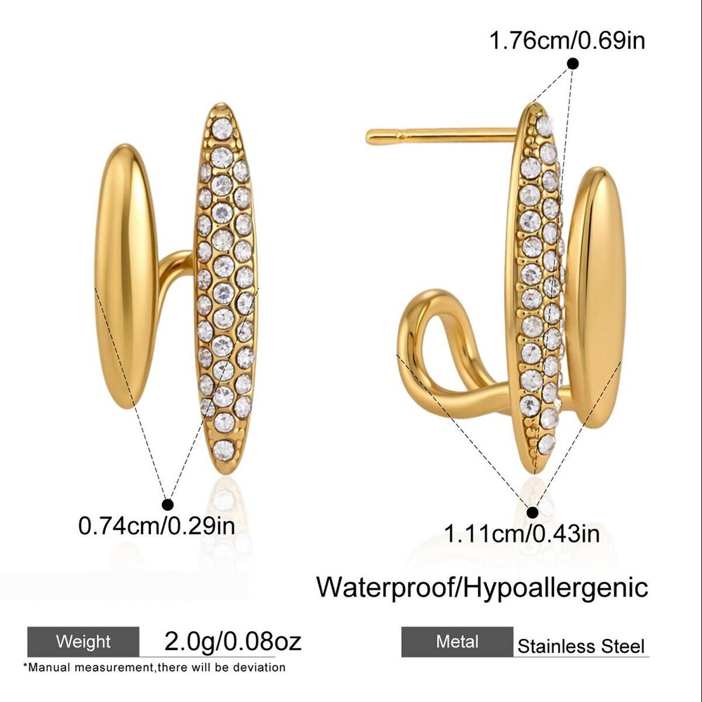 Simple Casual Ellipse Shape Stainless Steel Waterproof Gold Color Zircon Women's Stud Earrings