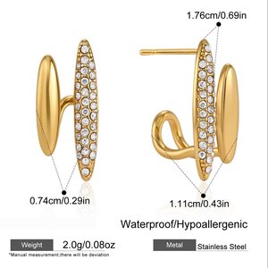 Simple Casual Ellipse Shape Stainless Steel Waterproof Gold Color Zircon Women's Stud Earrings h5