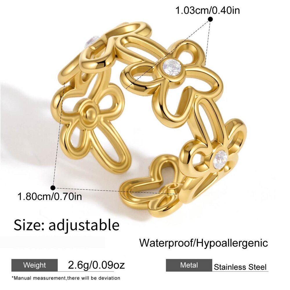 Sweet Flower Stainless Steel Waterproof Gold Color Zircon Statement Rings