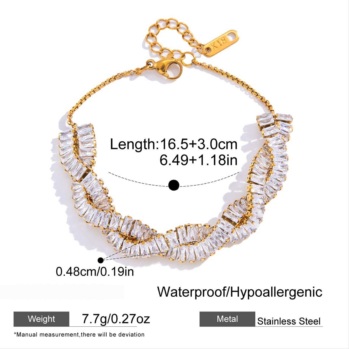 Luxurious Twist Stainless Steel Waterproof  Gold Color Zircon Women's Chain Bracelets 