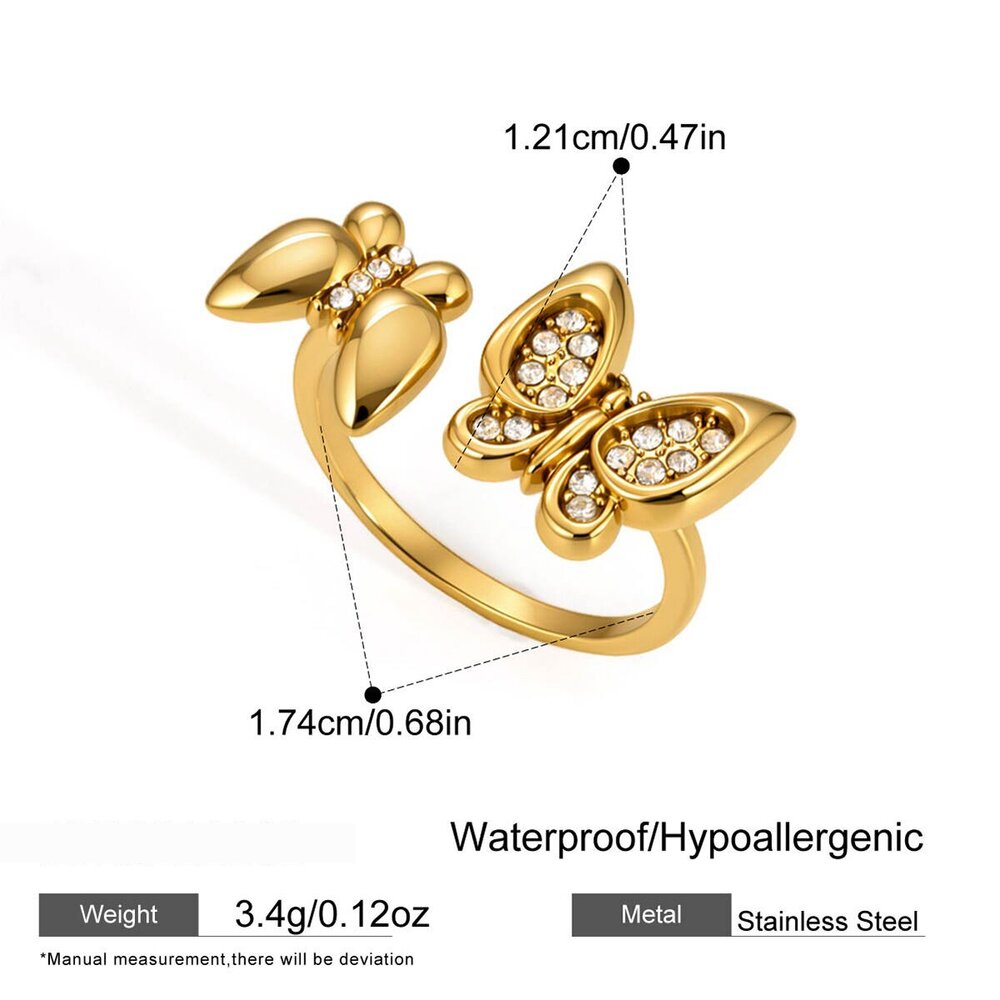 Romantische Serie: Süße Schmetterlingsringe Aus Edelstahl, Wasserdicht, Goldfarben, Mit Zirkonia
