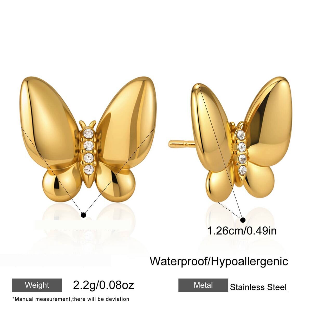 Süße Schmetterlings-Ohrringsets Aus Edelstahl, Wasserdicht, Goldfarben, Mit Zirkonia 