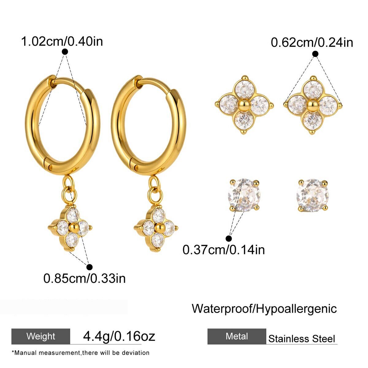 Simple Clover Stainless Steel Waterproof Gold Color Zircon Women's Earring Sets 