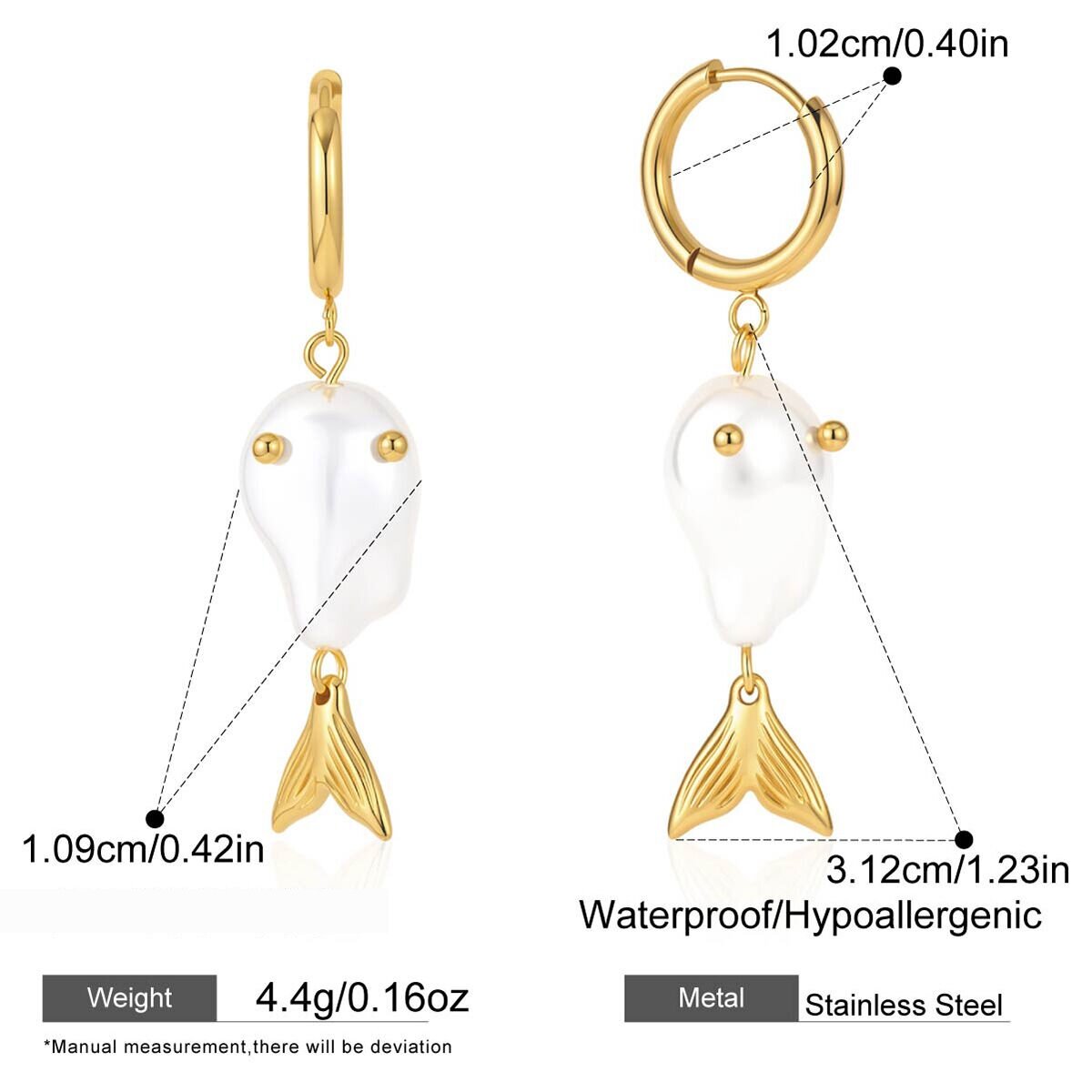 Oceanic Style Fish Shape Stainless Steel Waterproof Gold Color Pearl Women's Drop Earrings 