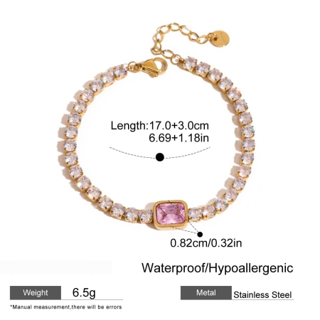 Luxurious Simple Chain Rectangle Stainless Steel Waterproof Gold Color Zircon Women's Chain Bracelets