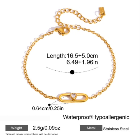 Sweet Heart Bow Knot Stainless Steel Waterproof Gold Color Zircon Women's Charm Bracelets