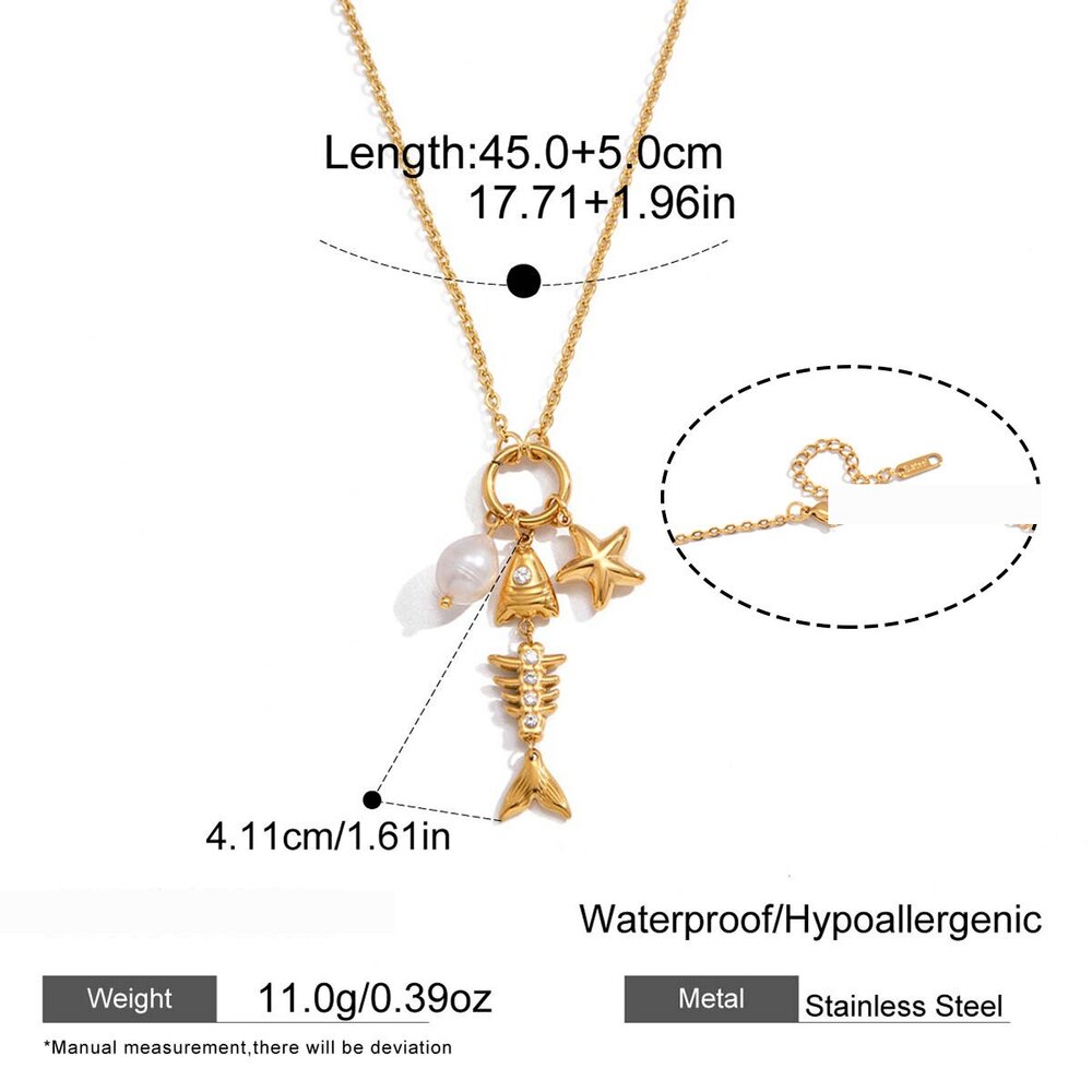 Vacation Oceanic Style Fish Shape Stainless Steel Waterproof Gold Color Zircon Women's Pendant Necklaces