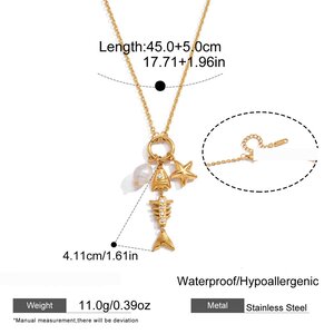 Vacation Oceanic Style Fish Shape Stainless Steel Waterproof Gold Color Zircon Women's Pendant Necklaces h5