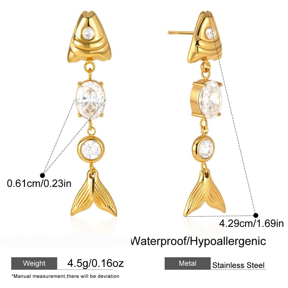 Luxurious Series Retro Fish Stainless Steel Waterproof Gold Color Zircon Women's Dangle Earrings