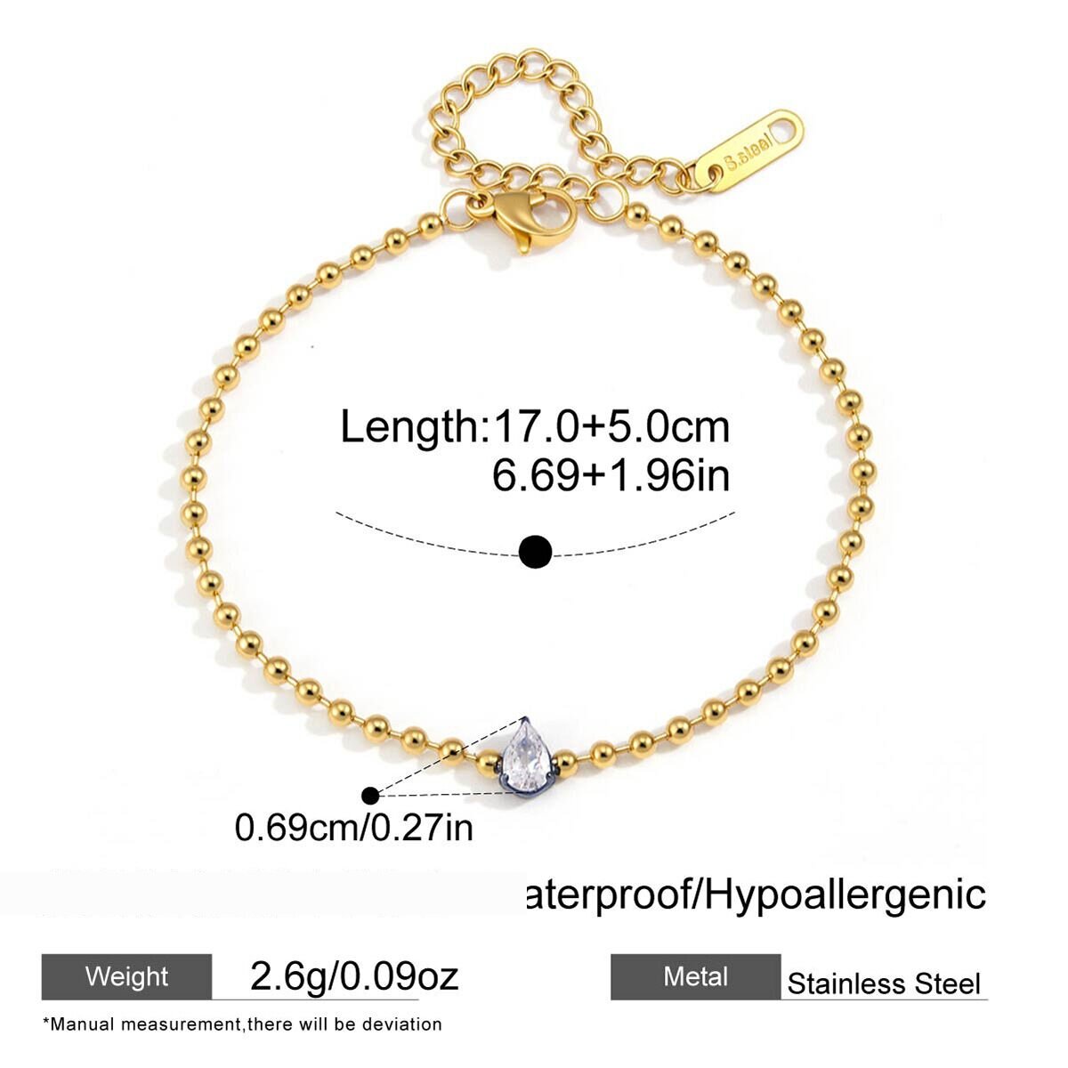 Luxuriöses Armband Mit Tropfenförmiger Herzkette Aus Edelstahl, Wasserdicht, Goldfarben, Mit Zirkonia 
